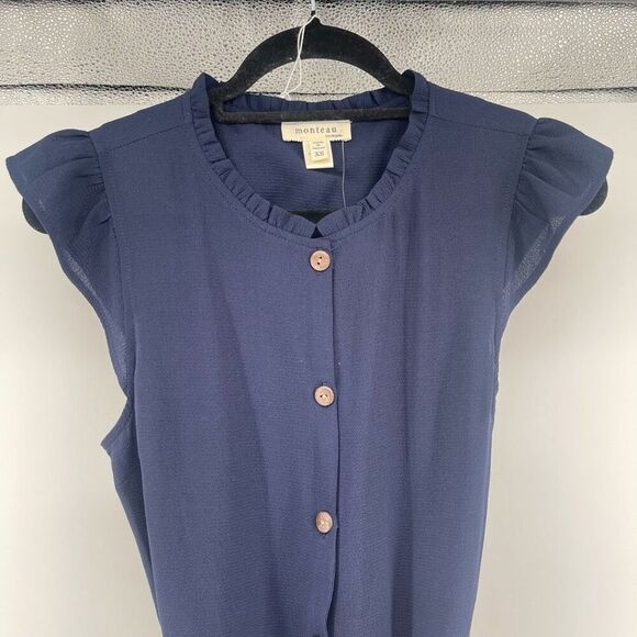 Monteau Navy Flutter Cap Sleeve Belted Cropped Wide Leg Jumpsuit XS Button Front - Picture 5 of 16